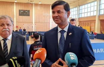  Ambassador Srivastava visited the Municipality of Općina Cestica upon the invitation of Mayor Mr. Mirko Korotaj who was the host of the Central European Superleague in table tennis, among which were two players from India, Mr. Shubh Goel & Mr. Jeho Himnakulhpuingheta. "Sports are an integral part of Croatian people, and also of India Croatia relationship," said Ambassador Srivastava, giving specific examples of football, chess, shooting, lawn tennis, and now table tennis that connect the two countries.